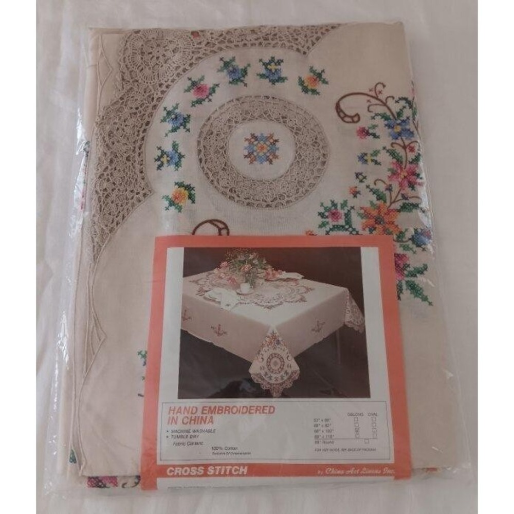 NIP Large Vtg Tablecloth Embroidered Cross Stitch Crochet Lace Pink Blue Red